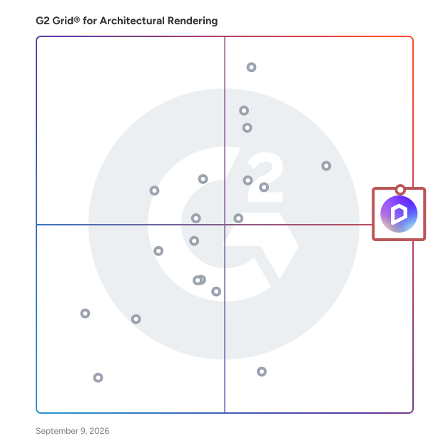 G2 Grid® for Architectural Rendering Software plotting products by satisfaction and market presence