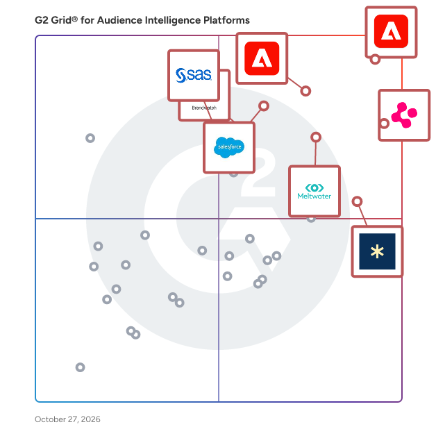 G2 Grid® for Audience Intelligence Platforms plotting products by satisfaction and market presence