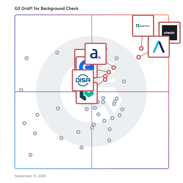 G2 Grid® for Background Check Software plotting products by satisfaction and market presence