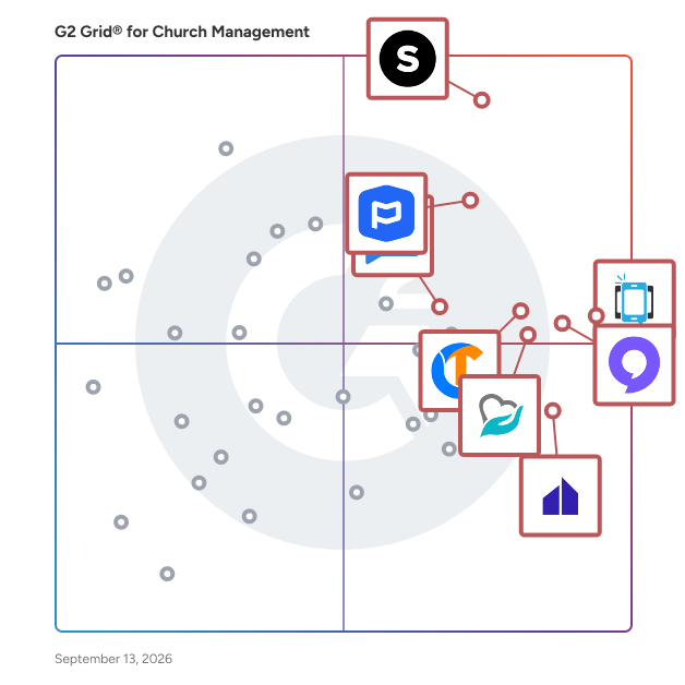 G2 Grid® for Church Management Software plotting products by satisfaction and market presence