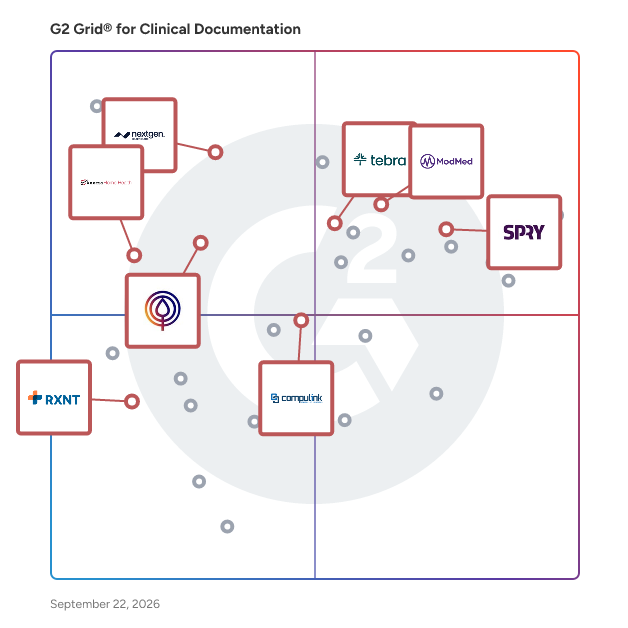 G2 Grid® for Revenue Cycle Management in Clinical Documentation Software, highlighting the products that define this theme