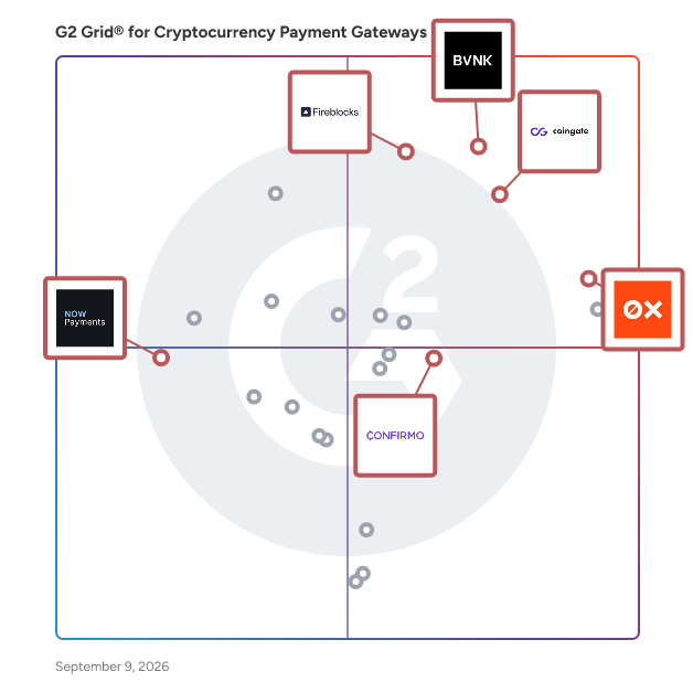 G2 Grid® for Multi-Currency Support in Cryptocurrency Payment Gateways, highlighting the products that define this theme