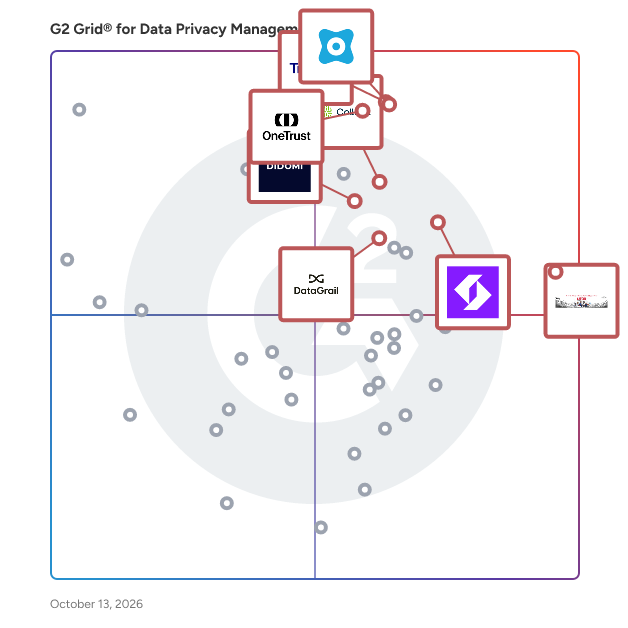 G2 Grid® for Data Privacy Management Software plotting products by satisfaction and market presence