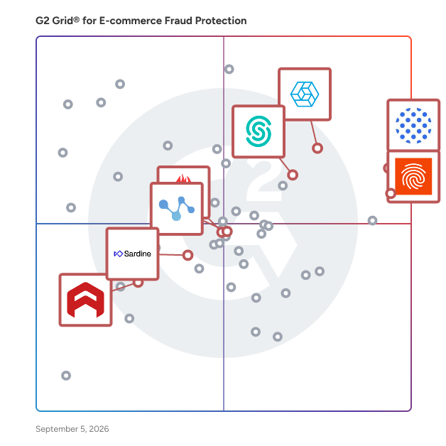 G2 Grid® for Machine Learning Fraud Protection in E-commerce Fraud Protection Software, highlighting the products that define this theme