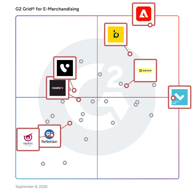 G2 Grid® for E-commerce Personalization in E-Merchandising Software, highlighting the products that define this theme