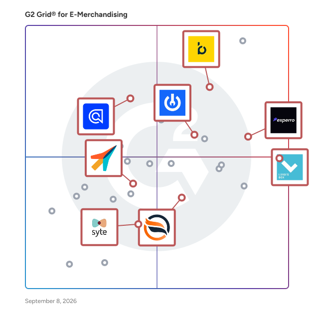 G2 Grid® for AI-Powered Search in E-Merchandising Software, highlighting the products that define this theme