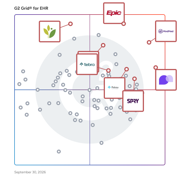G2 Grid® for EHR Software plotting products by satisfaction and market presence