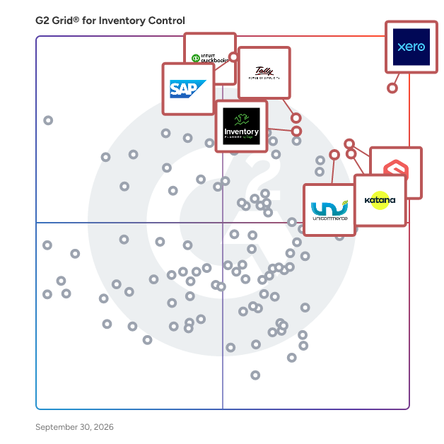 G2 Grid® for Inventory Control Software plotting products by satisfaction and market presence