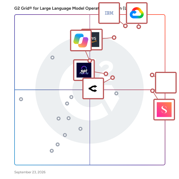 G2 Grid® for Large Language Model Operationalization (LLMOps) Software plotting products by satisfaction and market presence