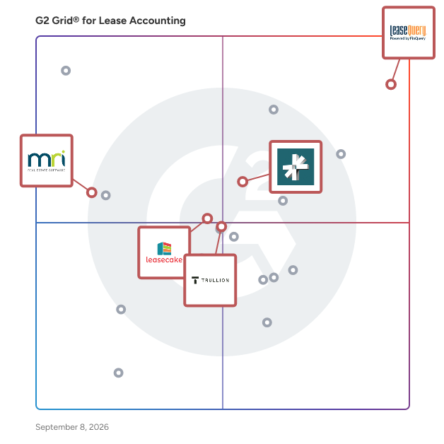 G2 Grid® for AI-Powered Lease Accounting in Lease Accounting Software, highlighting the products that define this theme