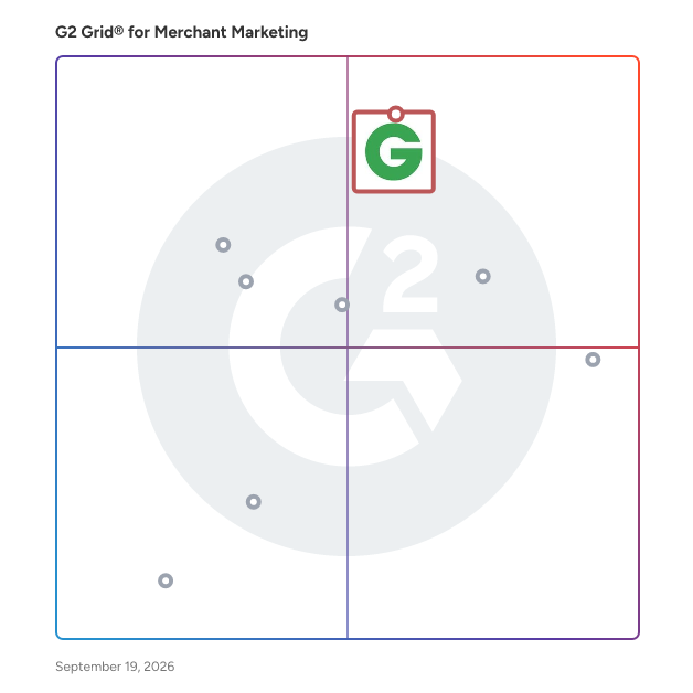 G2 Grid® for Merchant Marketing Software plotting products by satisfaction and market presence