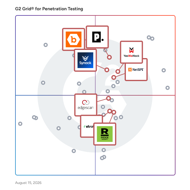 G2 Grid® for Risk-Based Vulnerability Management in Penetration Testing Tools, highlighting the products that define this theme