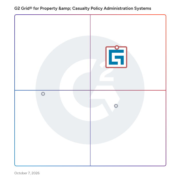 G2 Grid® for Property & Casualty Policy Administration Systems plotting products by satisfaction and market presence