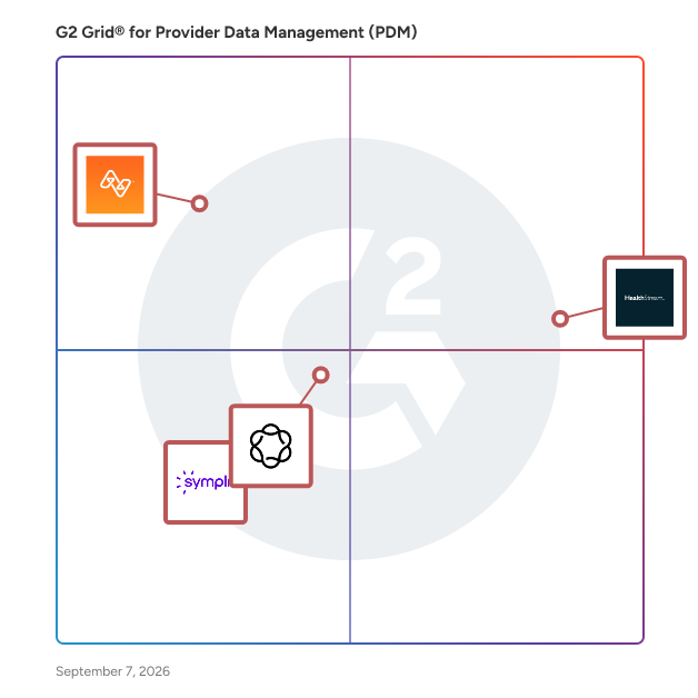 G2 Grid® for Provider Data Management (PDM) Software plotting products by satisfaction and market presence