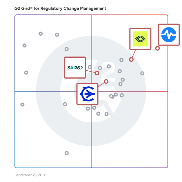 G2 Grid® for Regulatory Change Management Software plotting products by satisfaction and market presence